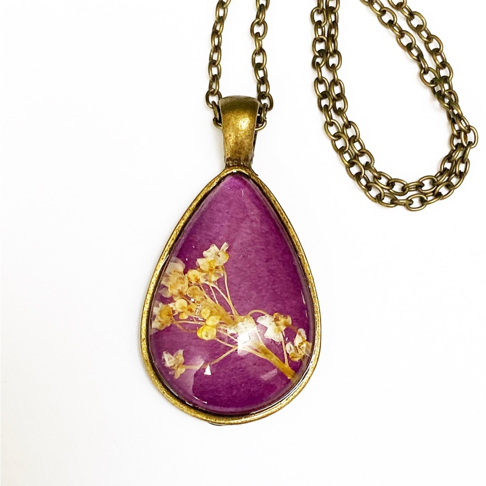 Beautiful Handmade Real Pressed Flower Necklace in Pink and Antique Brass
